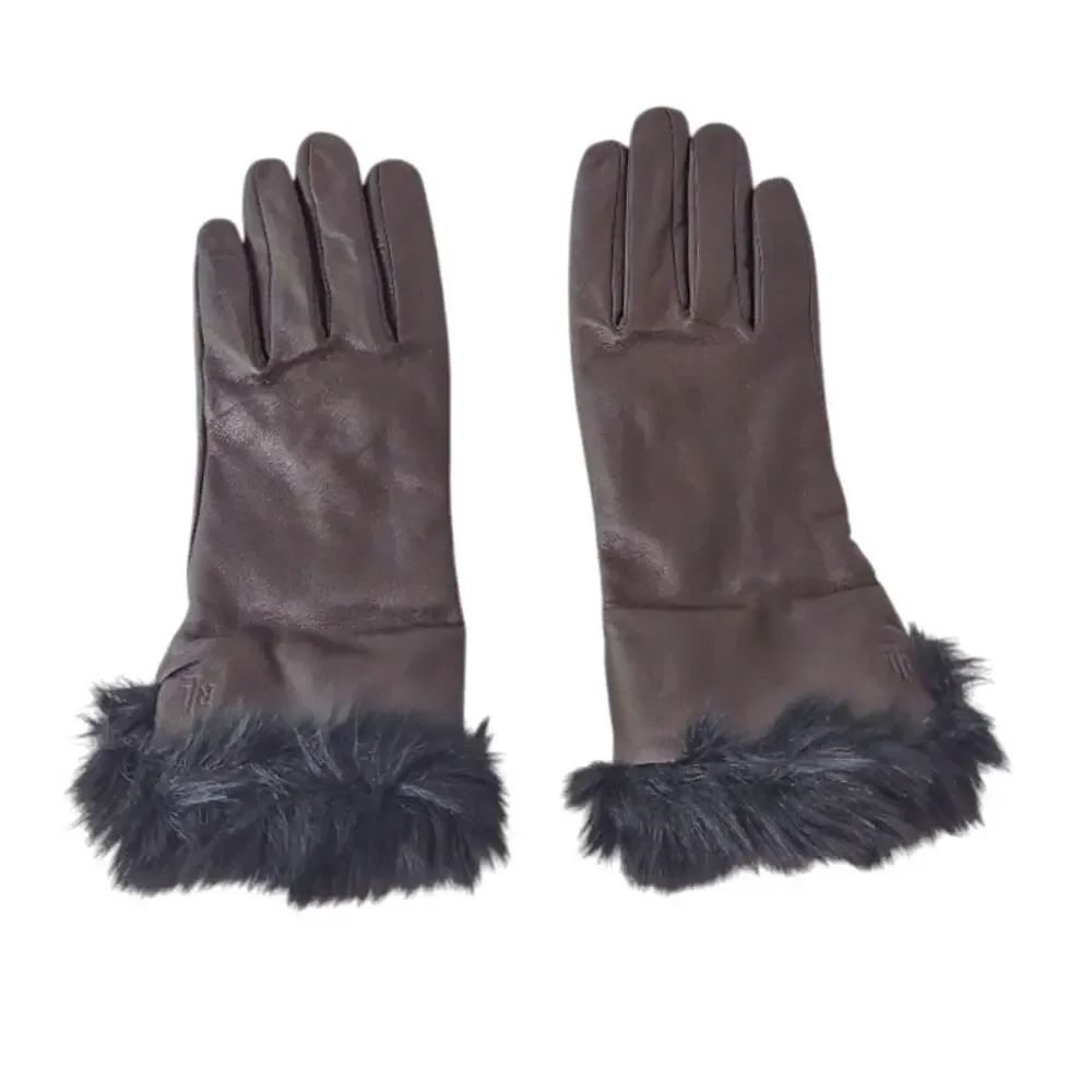 LAUREN Brown Leather Gloves Size M Designer Black Faux Fur Trim Classy Elegant